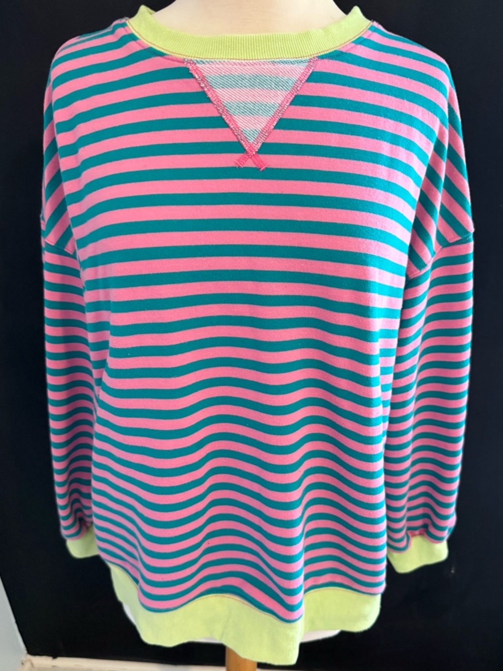 Pink and Teal Striped Pullover with Lime Trim Sweatshirt Lightweight